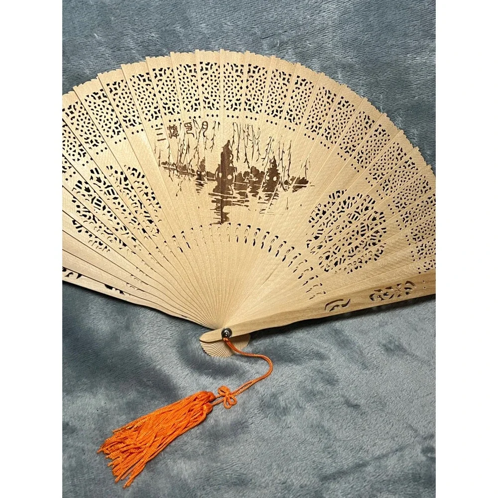 Vintage Carved Wood Hand Fan Pagoda Box Tassel Asian Decor Folding 14in